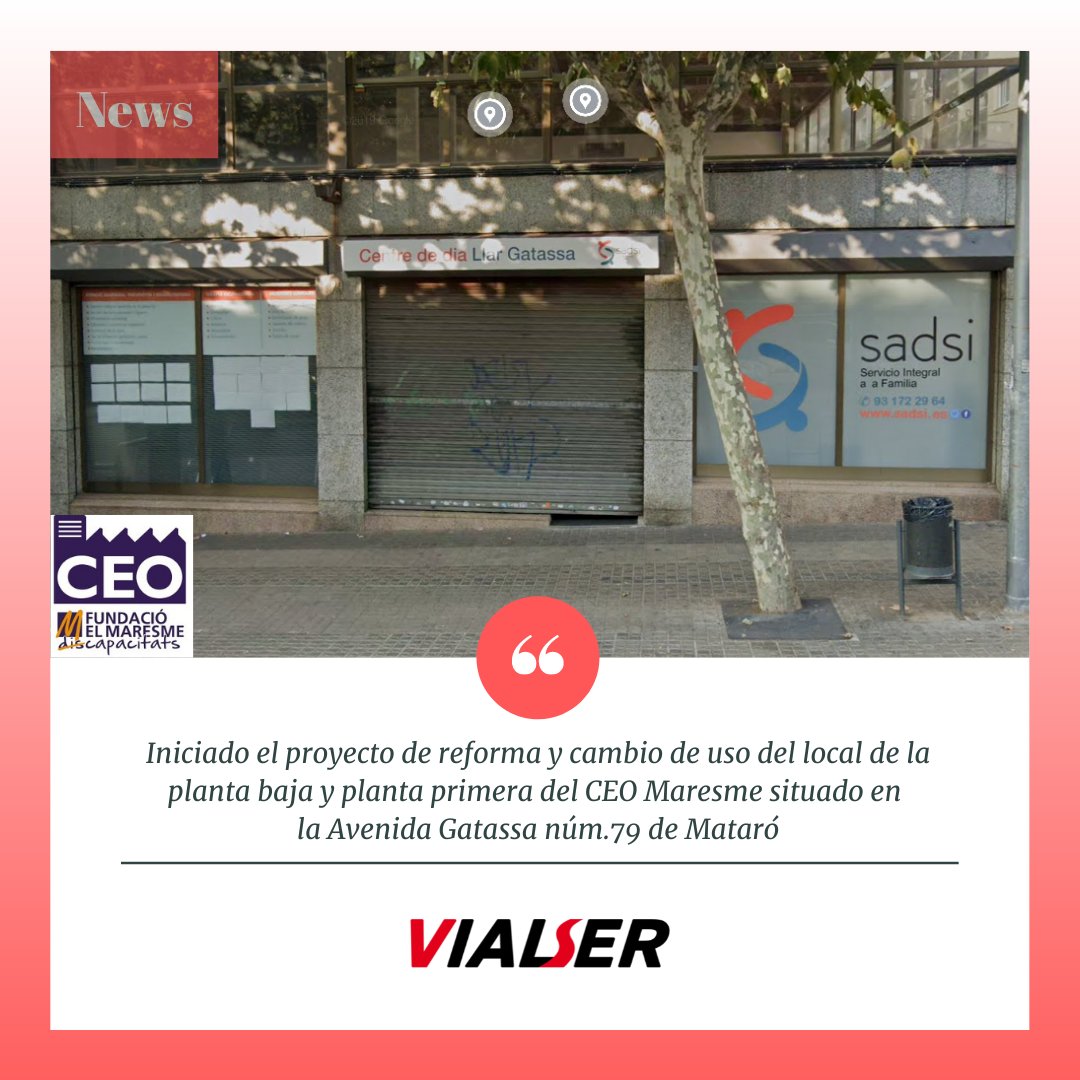 👉🏻 Iniciado el proyecto de reforma y cambio de uso a Centro Ocupacional para personas con discapacidad intelectual del local de planta baja y primera planta de la Avenida Gatassa, 79 de Mataró. 🤗🔝
.
.
.
.
.
.
#Vialser #constructora #ceomaresme #fundaciomaresme #Mataró #maresme