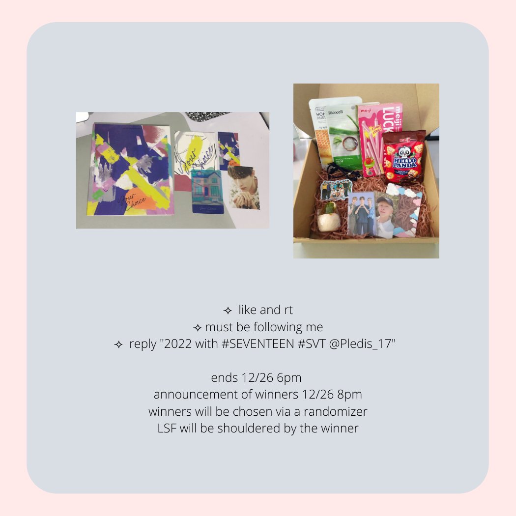 featseokchan's tweet photo. 💗 2022 with Seventeen GA 💗

🎁 1 winner of unsealed Your Choice album + OTY TC + Seungkwan ITS PC + care package
🎁 2 winners of P117

⟢ like and rt
⟢ must be following me
⟢ reply "2022 with Seventeen #SEVENTEEN #SVT @pledis_17"

see photos for more deets. Happy New Year! 🥺 https://t.co/CIMZvtUkTP