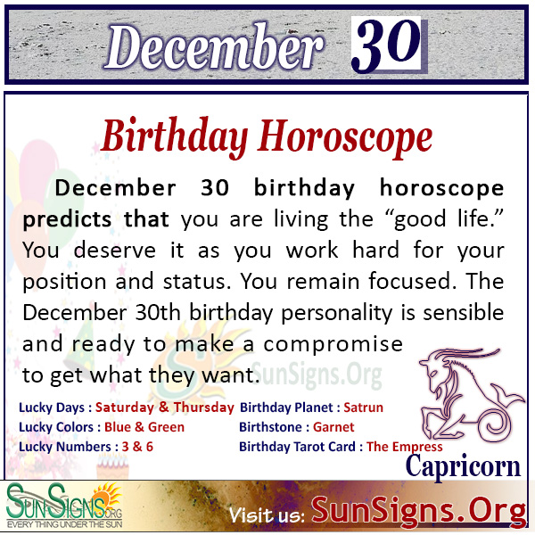 SunSigns.Org on Twitter: "This December 30 Capricorn birthday person will make someone a happy companion. https://t.co/DjkQ4SInqP #December30 #BirthdayPersonality #capricorn #Horoscope https://t.co/KOoq0D2PTa" / Twitter