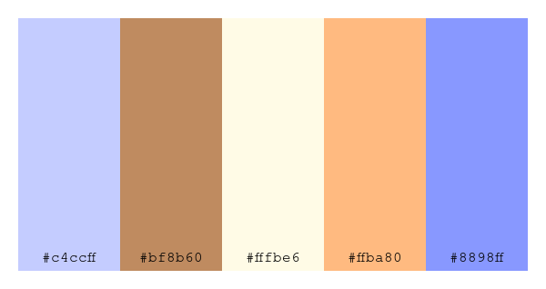 ColPaletteBot's tweet photo. Beep beep, here's a pretty color palette for you!
color-scheme.js parameters used:
- hue: 248
- variation: light
- colors: #c4ccff, #bf8b60, #fffbe6, #ffba80, #8898ff
Have a lovely day!
#twitterbot #colorpalette #colors #palette #prettycolors https://t.co/At27e1Dx28