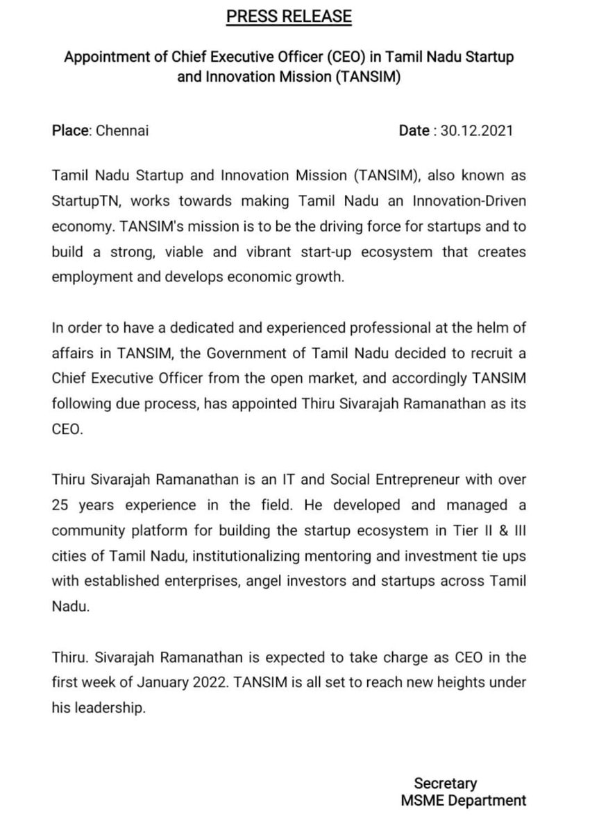 sureshsambandam's tweet photo. Great news from @cmotamilnadu... My good friend Sivarajah Ramanathan (co-founder of NativeLead) has been appointed as CEO of TANSIM. I had a small role to play. I wish him the very best and this will be a great push to the #MassEntrepreneurship mission of @dreamtamilnadu https://t.co/slzNx4POm9