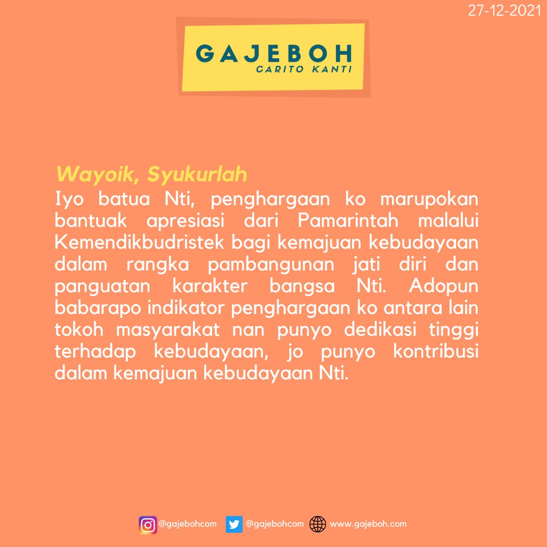 gajebohcom's tweet photo. Alhamdulillah, batambah pangharagoan untuak Urang Awak. https://t.co/73zvbjmrP0