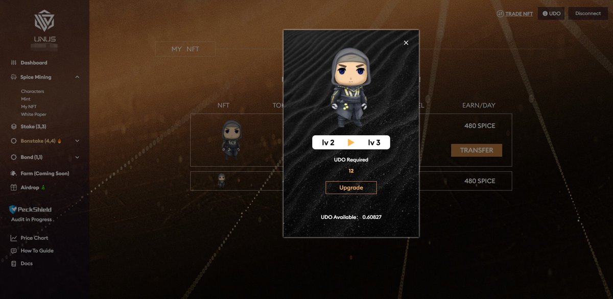 Spice Game will be live on Jan 10-15th. Why not make your characters stronger as soon as the game starts?

You can upgrade your lovely Miners or Looters using UDO! Simply go to “My NFT” and click the “Upgrade” button; then it is all set!

docs.unusdao.finance/unus-dao/gamef…
