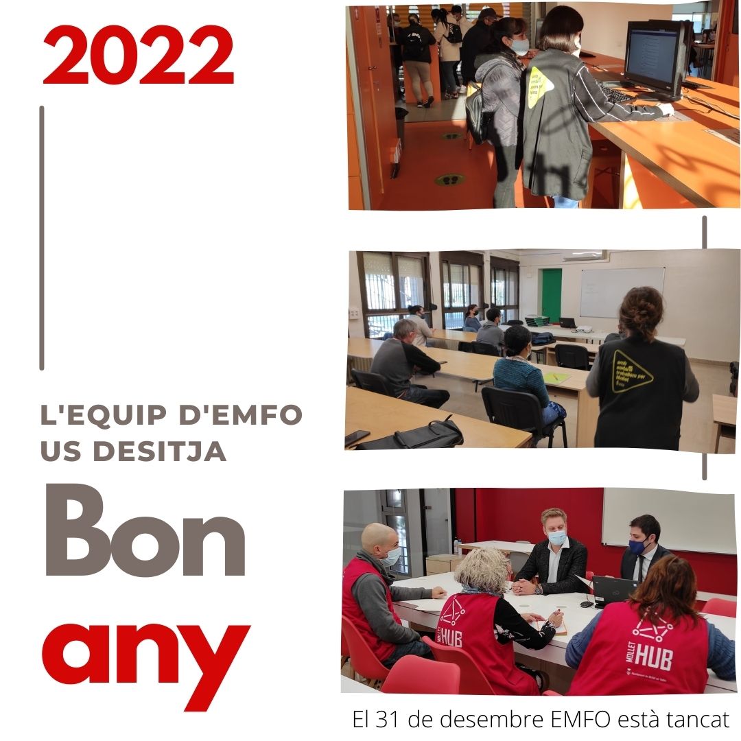 EMFOMollet's tweet photo. L'equip d'Emfo @ajmollet us desitja Bones Festes i un Feliç 2022!
⏳ Horari d'atenció fins el 7 de gener de 2022 de 8 a 15.30h.
📅 I el dia 31 de desembre Emfo està tancat.
#orientació #formació #emprenedoria #borsa #empresa #emfo https://t.co/vUF16h4Inb