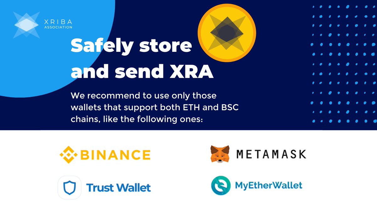 ✨ XRA is fully compatible with the leading mobile wallets on ETH and BSC chains. We recommend using all those wallets that support both ETH and BSC chains! 
➡️ Some of these are: Metamask, Binance, MyEtherWallet and Trust Wallet.

Safely store and send XRA! 
#XRA #wallet #token