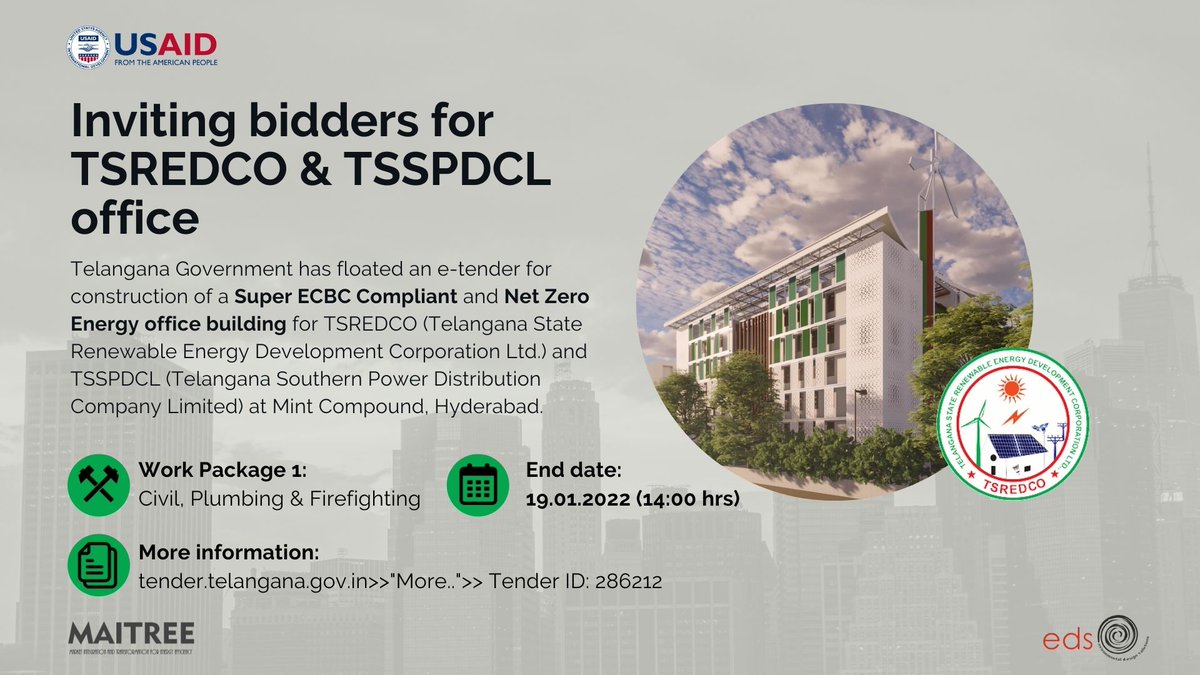 MAITREEProgram's tweet photo. #Telangana builds it's first Super ECBC compliant NZEB at #Hyderabad.TSREDCO invites bidders for civil work of @TSREDCO1 -@TsspdclCorporat  #netzeroenergy office to be built with technical assistance of @USAID MAITREE. End date of bid: 19.01.22 | 1400 hrs
@EDSglobal @IndiaNzeb https://t.co/NQCfjXgxIG