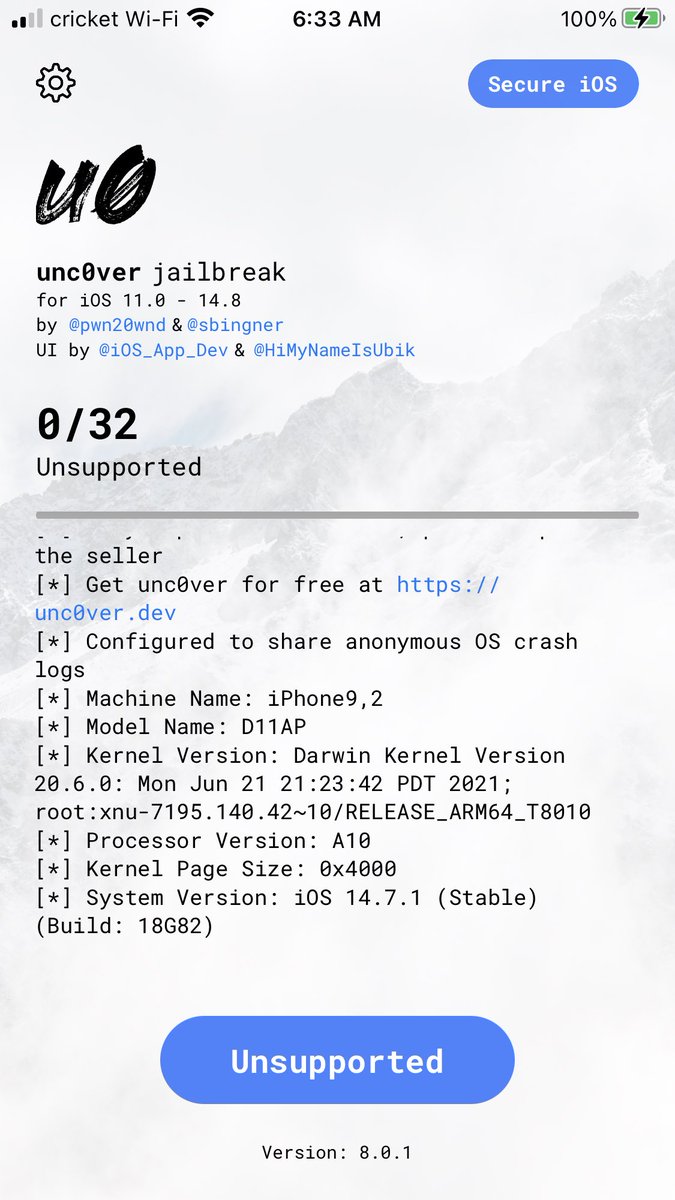 Ultratie1's tweet photo. @Pwn20wnd I’m getting unsupported when I have an iPhone 7 Plus 14.7.1 https://t.co/tAf0cXTZDG