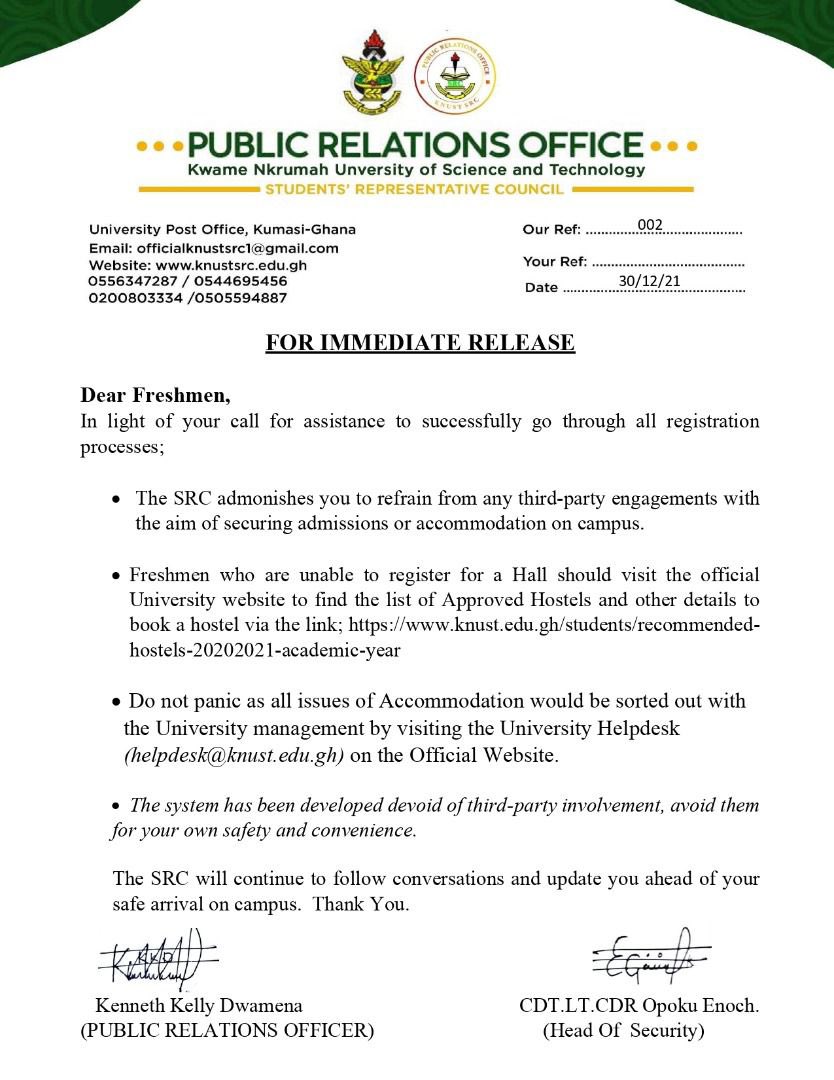 watsuptek's tweet photo. 📌JUST IN!
KNUST SRC releases a communique to aid freshers address accommodation and admission concerns.
Stay tuned for more updates 📌
#WatsuptekReport
#DearFreshman
#WatsuptekReport https://t.co/fZFyiLn3wC