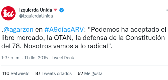 PabloRochela's tweet photo. En los primeros pasos de Podemos tras su nacimiento, su discurso y programa estaba mucho más a la izquierda que ahora. En aquel momento, lxs compañerxs de IU-PCE se diferenciaban de Podemos mostrándose aún más a la izquierda. [sigue] https://t.co/32SQcpSZJM