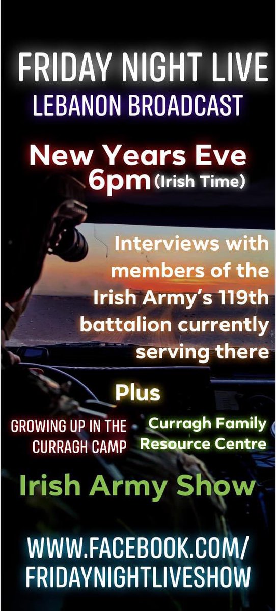 davemorrissey's tweet photo. A very special broadcast going out to our soldiers of the 119th Battalion currently serving in Lebanon this New Years Eve at 6pm Irish Time.
Tune in on Facebook and YouTube.
https://t.co/Hgn80CLG5j @defenceforces @CurraghFrc #irisharmy #Soldiers #curraghcamp #Lebanon #limerick https://t.co/5VDgvplk5w