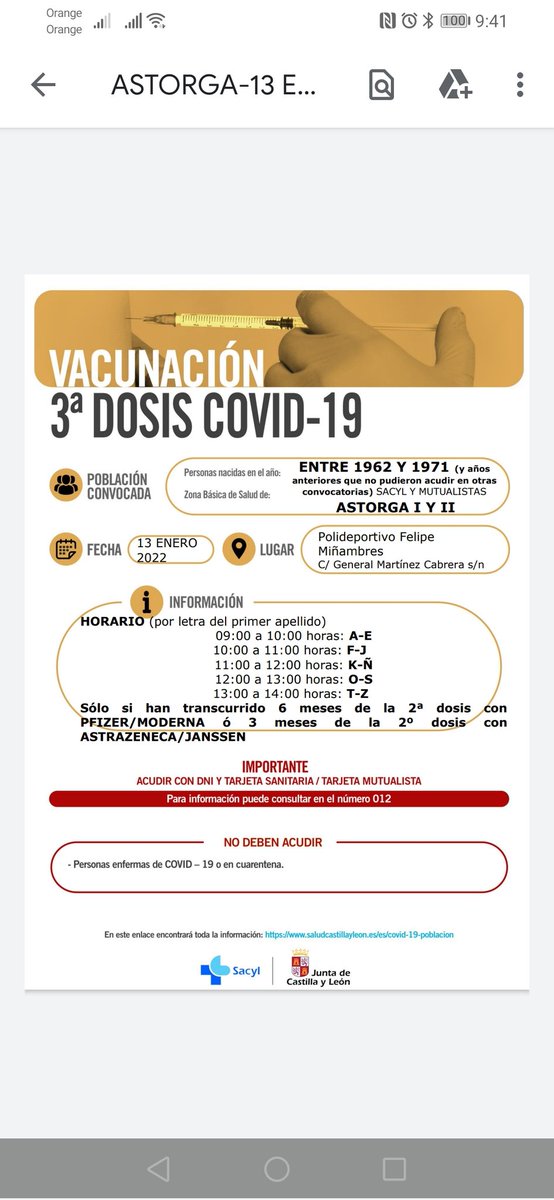 Jornada de vacunación de la Tercera Dosis para los nacidos entre 1962 y 1971 de las zonas de salud Astorga I y II (y años anteriores que no acudieron a otras convocatorias). Será el próximo jueves 13 de enero en el Pabellón Felipe Miñambres de Astorga.
#vacunacionanticovid19