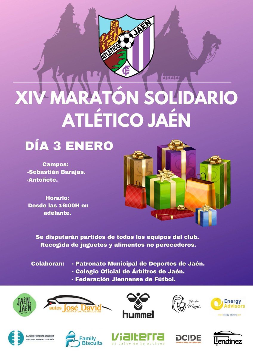 atjaen's tweet image. 🎁 𝐗𝐈𝐕 𝐌𝐀𝐑𝐀𝐓𝐎́𝐍 𝐒𝐎𝐋𝐈𝐃𝐀𝐑𝐈𝐎 𝐀𝐓𝐋𝐄́𝐓𝐈𝐂𝐎 𝐉𝐀𝐄́𝐍.

🗓 Lunes, 3 de enero.
⌚️ A partir de las 16:00
📍 Sebastián Barajas || Antoñete.

👉 Recogida de juguetes y alimentos no perecederos. ¡Pon tu granito de arena!