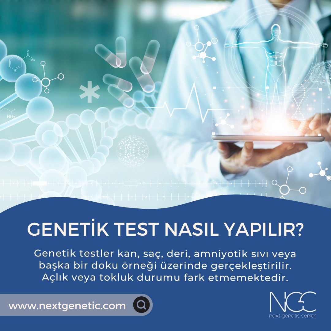 NextGenCen's tweet photo. Genetik test yaptırmaya karar verdiğinizde, bir tıbbi genetik uzmanı, birinci basamak doktoru, veya ilgili kliniğin uzmanı tarafından test istemi yapılır.
👉🏻 Genetik testler kan, saç, deri, amniyotik sıvı veya başka bir doku örneği üzerinde gerçekleştirilir.
#genetiktest https://t.co/iJalDhKlu5