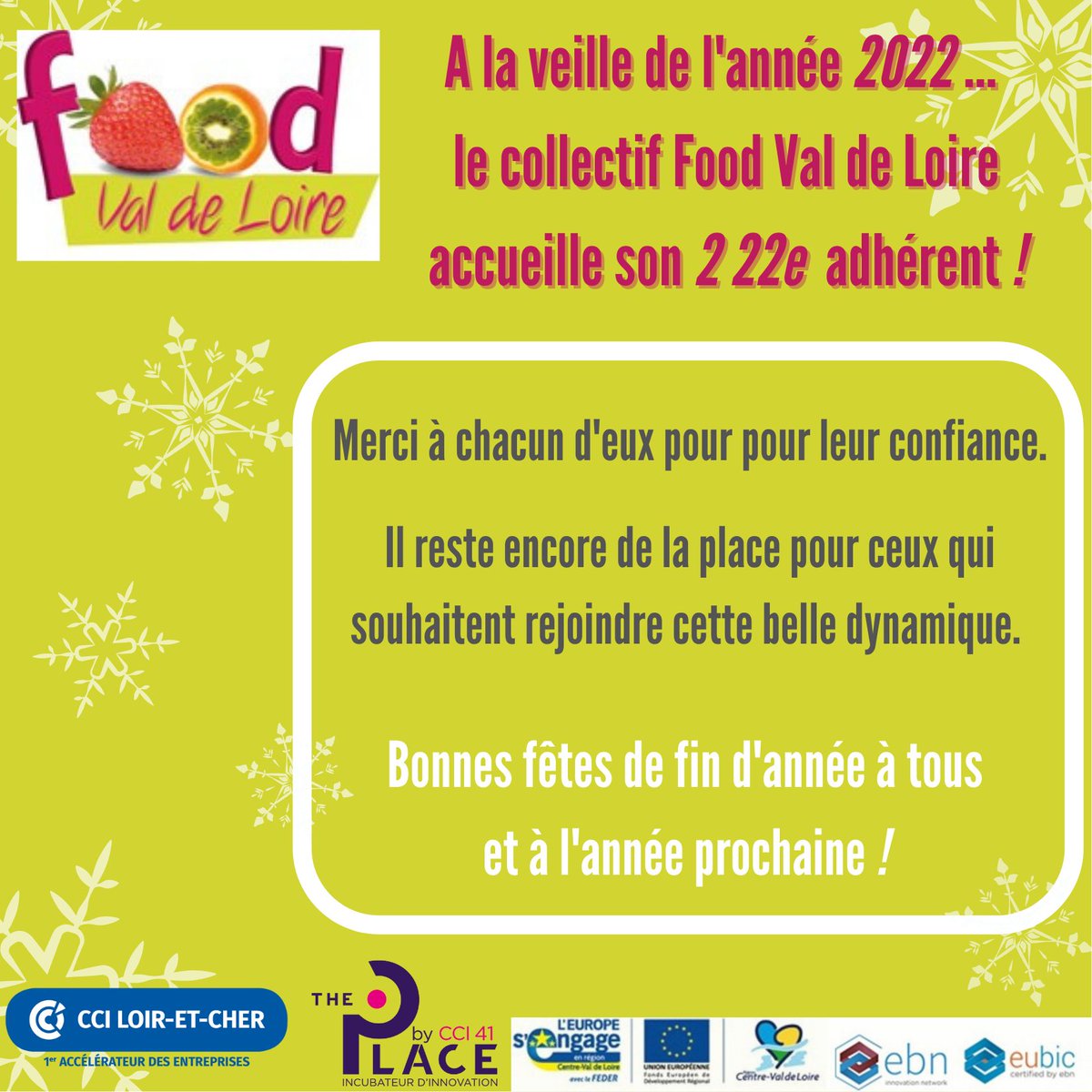 #Adhérents | A l'aube de cette nouvelle année 2022, nous tenions à remercier nos 222 adhérents pour leur confiance ! A l'année prochaine pour de nouvelles aventures ✨🚀

#Collectif #Agroalimentaire #Entrepreneur #CCI41 #VillagebyCA #ThePlaceByCCI #FoodTech #FrenchTechTremplin