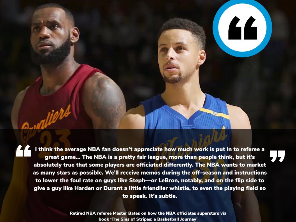 BallsackSports's tweet photo. A former NBA referee details in new book how the NBA has instructed referees to lower the fouls Steph Curry and LeBron receive 👀 https://t.co/ia0SJOs6kJ
