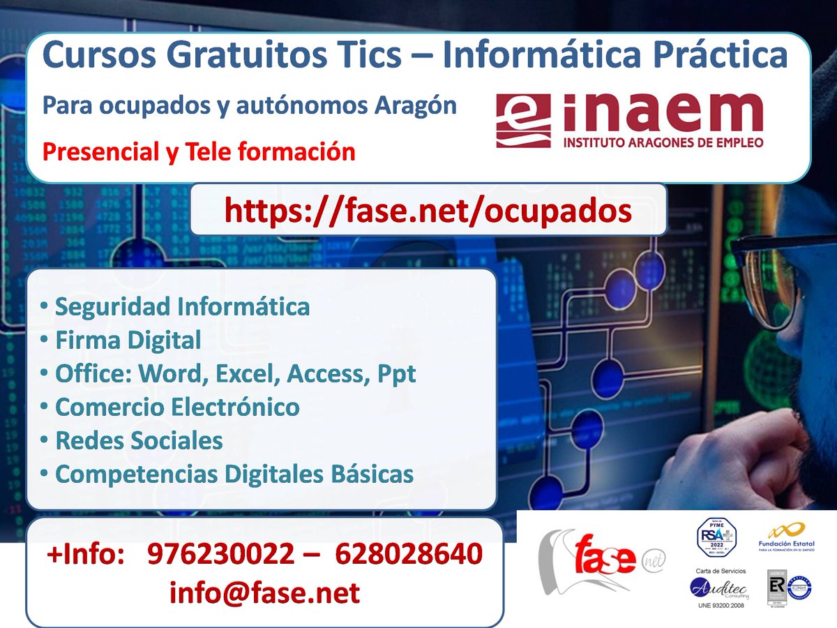FASEnet's tweet photo. Cursos GRATUITOS para Trabajadores/as Ocupados y Autónomos/as de Cualquier Sector en Aragón.
También para trabajadores en situación de ERTE.
Presenciales y Tele formación.
Solicitar más información y preinscripción: info@fase.net
628028640 - 976230022
https://t.co/pGFfckoEnt https://t.co/ev1JJ3KbnG