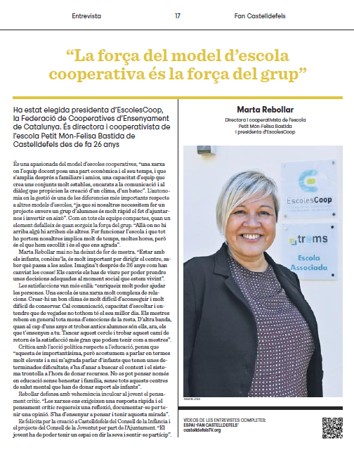 "La força del model d'escola cooperativa és la força del grup"

El número 176 de la revista #ElCastell, de l'<a href="/AjCastelldefels/">Ajuntament de Castelldefels</a>, entrevista <a href="/RebMarta/">Marta</a>, directora de <a href="/petitmon_coop/">Escola Coop Petit Món-Felisa Bastida</a> i presidenta d'#EscolesCoop.

Podeu descarregar la revista sencera aquí:
elcastell.org/es/publicacion…