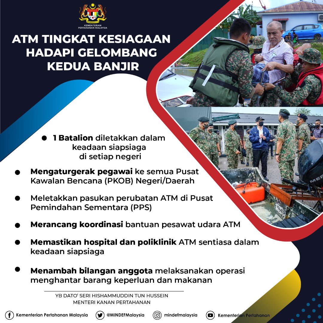 MINDEFMalaysia's tweet photo. ATM TINGKAT KESIAGAAN HADAPI GELOMBANG KEDUA BANJIR

#MindefMalaysia
#mindefupdate
#OpMurni
#banjir2021 https://t.co/HTpYWTsYB1