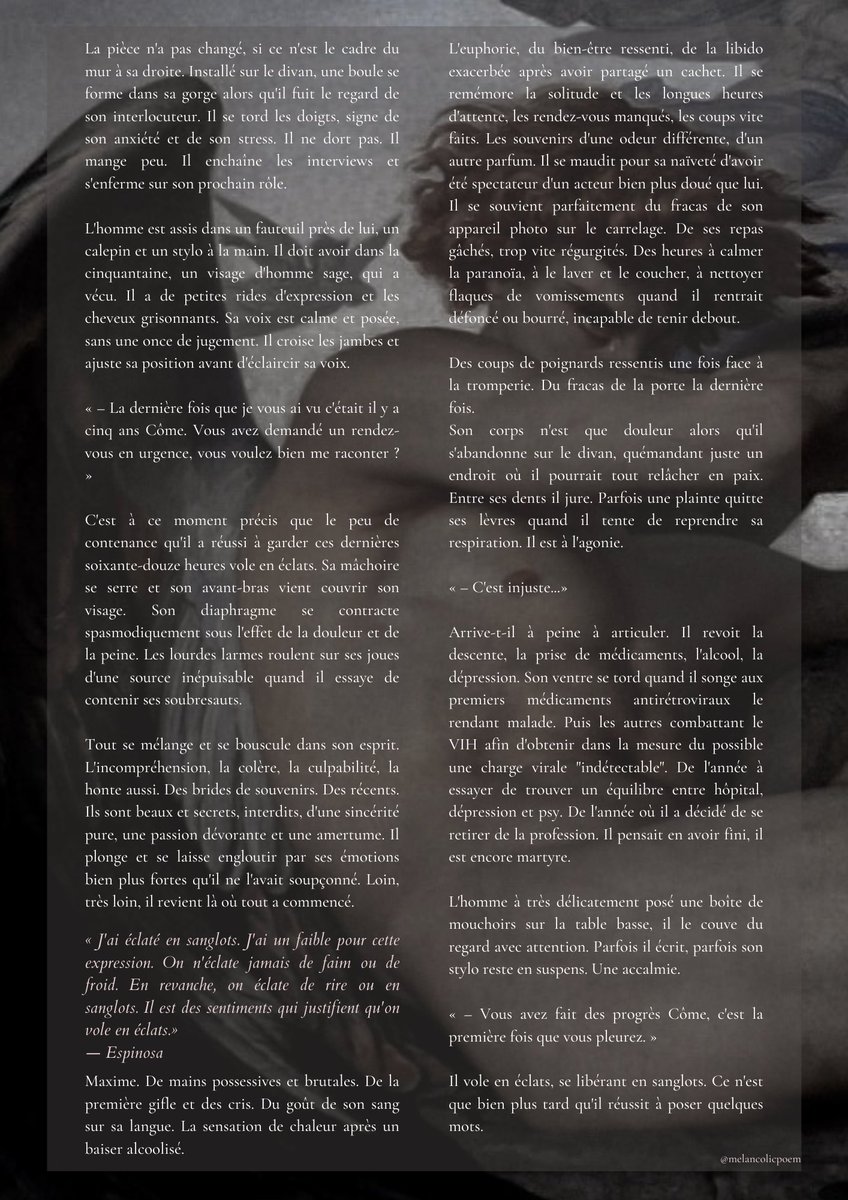 melancolicpoem's tweet photo. ᅠ
ᅠ
ᅠ 𝑶.𝑺 : 

                           𝑭𝒂𝒍𝒍𝒆𝒏 𝑨𝒏𝒈𝒆𝒍

ᅠ
ᅠ
TW : violence, adultère, drogue, alcool, dépression, VIH https://t.co/y3Ipi8nOgK