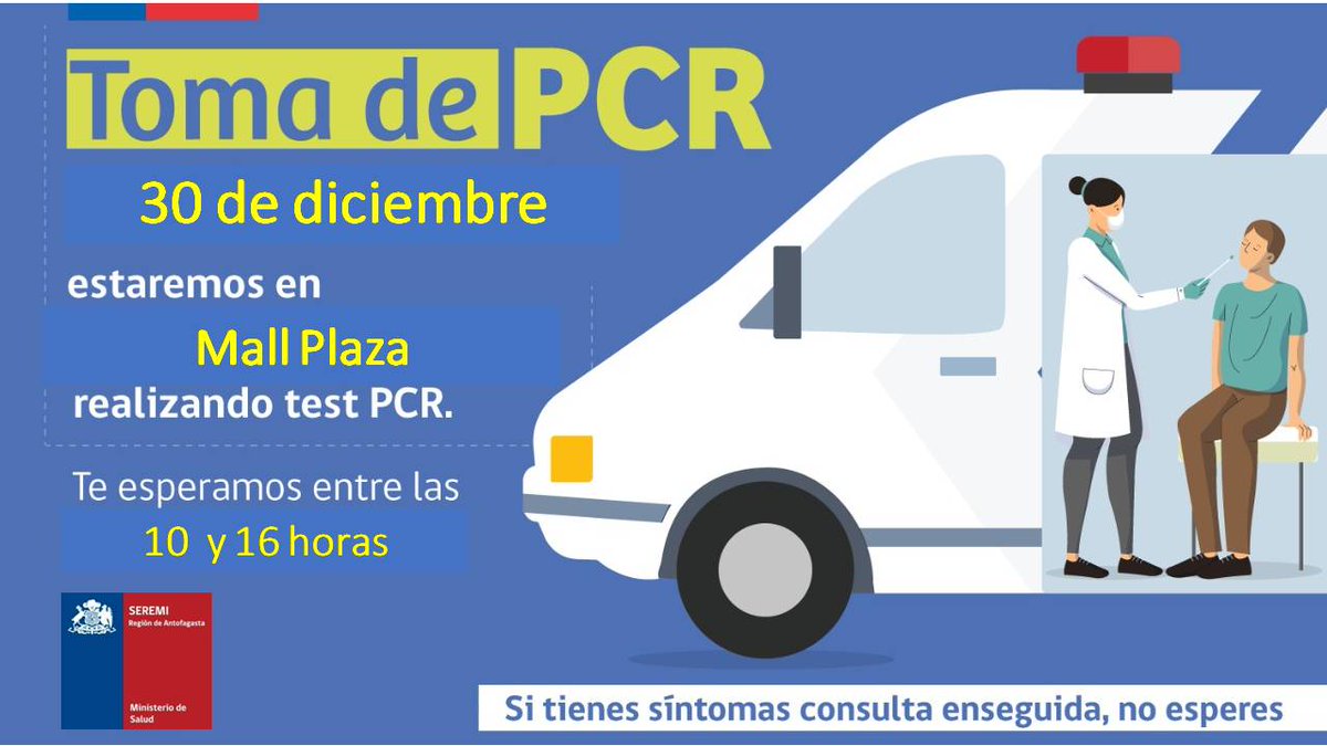 ⚠️ Atención #Antofagasta ⚠️

▶️ Uno de nuestros equipos de testeo estará instalado hoy entre 10 y 16 horas en el centro de vacunación contra #Covid_19 ubicado en Mall Plaza para tomar exámenes PCR gratuitos a personas sin síntomas <a href="/DPRAntofagasta/">Delegación Presidencial Regional de Antofagasta</a> <a href="/VoceriaAntofa/">Vocería Antofagasta</a>