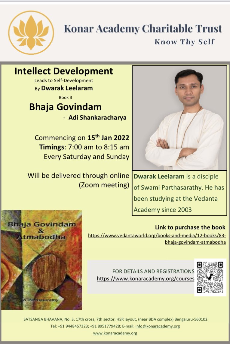 KonarAcademy's tweet image. The next #IntellectDevelopment program of #KACT will commence from 15th Jan 2022. 

It will cover: BhajaGovindam text! 

One can enroll for free registration at: 

konaracademy.org/courses

The book for the program can be procured at: vedantaworld.org/books-and-medi…