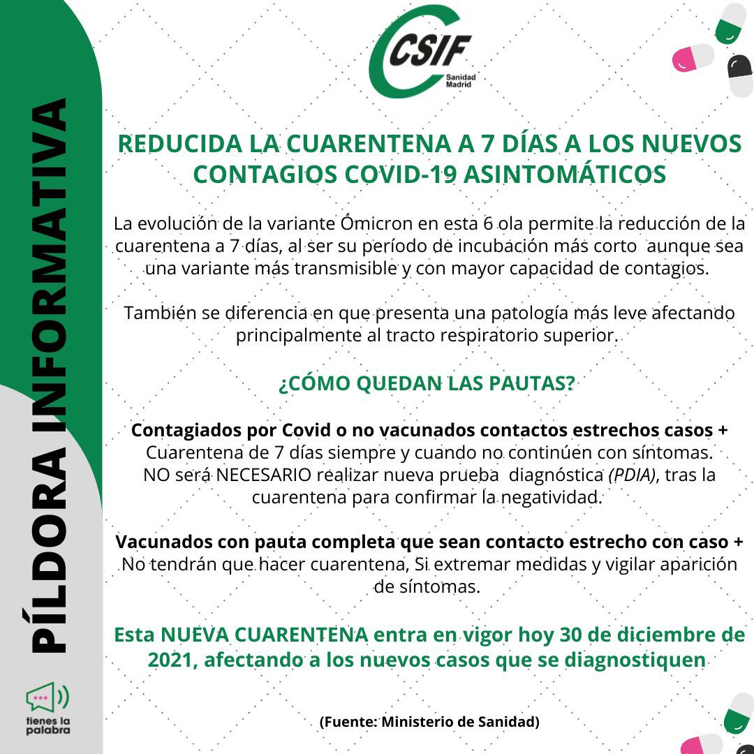 CSIF TE RECUERDA que, a partir de hoy, entra en vigor la nueva cuarentena