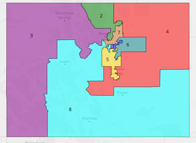 lad_map's tweet image. Had Colorado voters not passed a redistricting ballot question in 2018, democrats could have proposed this 7-1 gerrymander. All dem districts voted for Biden in 2020 by more than 10 points are trending left. However, district 5 was not won by Clinton in 2016. #ElectionTwitter