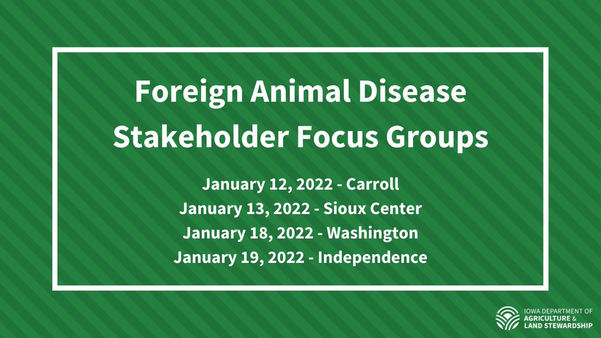 We want to hear from you!

Help us determine statewide producers' opportunities to minimize operational and supply chain disruptions, current level of FAD preparedness, expectations of roles and responsibilities during an outbreak and ways the Department can address those needs.
