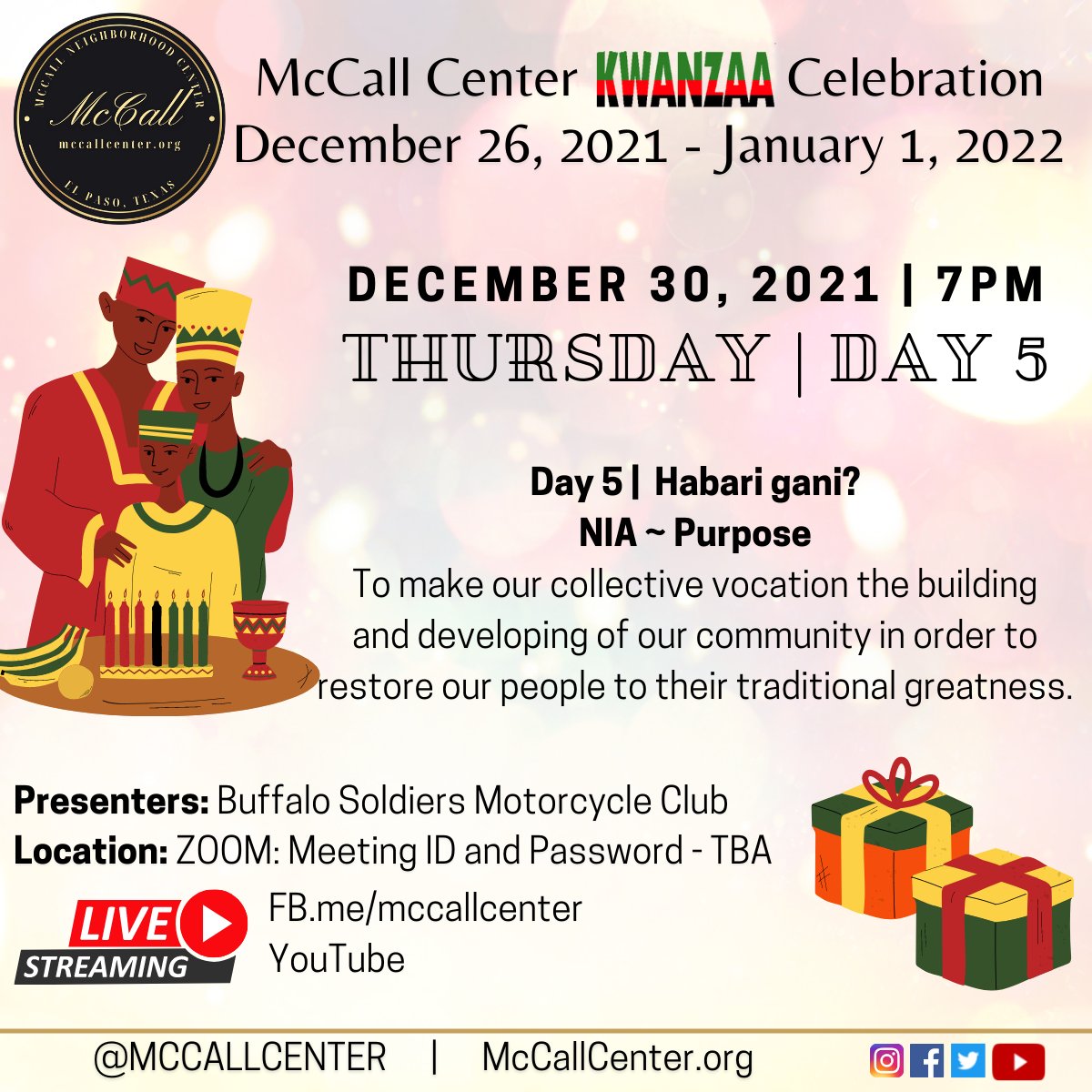 mccallcenter's tweet photo. Join us live on Facebook and YT for Day 5 of Kwanzaa: 
Thursday | December 30 – 7PM | Day 5 – NIA Presenters: Buffalo Soldiers Motorcycle Club
***LIVE via Facebook - https://t.co/HHv5zQHfOW, https://t.co/d4U8xOv7Ws 
ZOOM: Meeting ID: 889 8381 0575
Passcode: 551751 https://t.co/mAqGum5J4K
