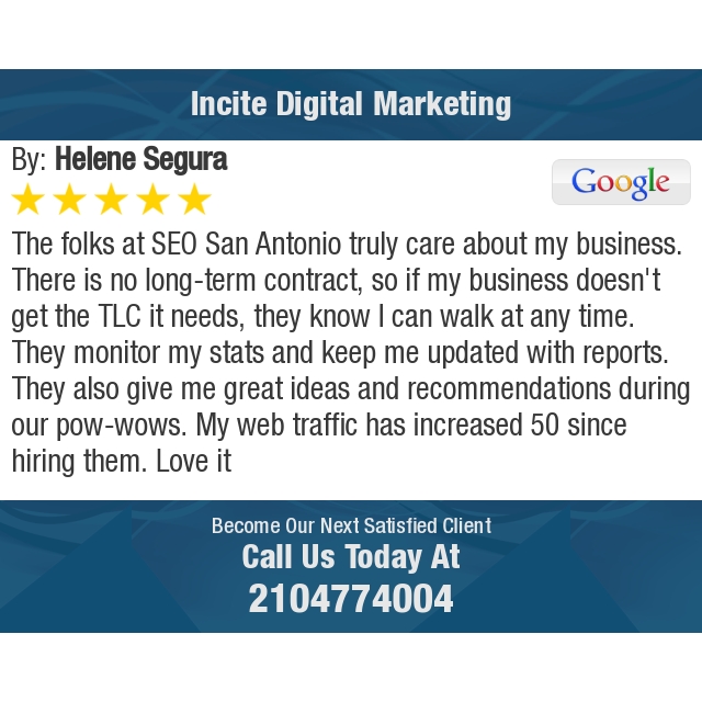 5 Star: Helene S. "The folks at SEO San Antonio truly care about my business. There is no long-term contract,..." bit.ly/1PBsszV