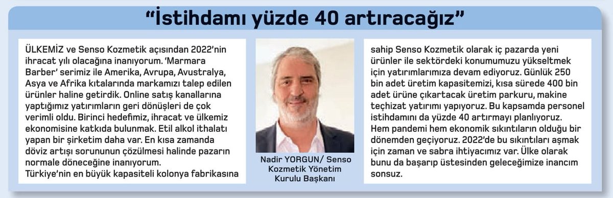idil_tarakli's tweet photo. “İstihdamı yüzde 40 artıracağız”

Nadir YORGUN/ Senso Kozmetik Yönetim Kurulu Başkanı   

#senso https://t.co/cyzYU2gYbY