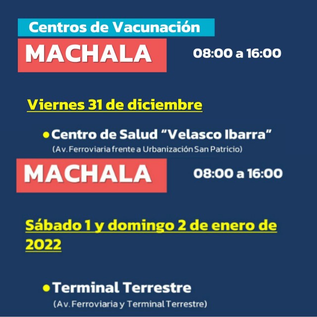 #Machala 
#PlanDeVacunación 
Conoce los puntos de vacunación contra la #COVID19 para este feriado de fin de año y año nuevo.