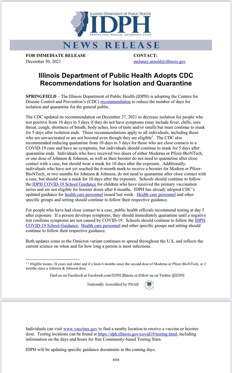 Hot off the Presses! <a href="/IDPH/">IDPH | Illinois Department of Public Health</a> adopts CDC guidance. I imagine we will hear from <a href="/ISBEnews/">Illinois State Board of Education</a> shortly with updated guidance and exclusion charts. I am sure everyone is doing their best! Stay patient, health and positive! Happy New Year, my wish is we aren’t doing this next year :)!