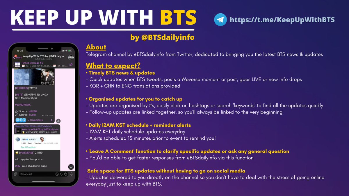 If you're gonna be busy but don't want to miss out, feel free to join the 'Keep Up With BTS' Telegram Channel where you:

– get all your updates in one place
- reminder alerts 
- updates are grouped by hashtags (organised + convenient to catch up)

🔗 (t.me/KeepUpWithBTS)