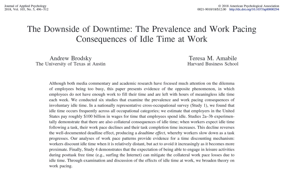 AdamMGrant's tweet photo. Burnout is being overwhelmed by work. Boreout is being underwhelmed by work.

Data: having too much to do is exhausting, but having too little to do is demoralizing. In idle time, motivation wanes.

Sustaining energy depends on balancing what's meaningful with what's manageable. https://t.co/29FLxuQyyd