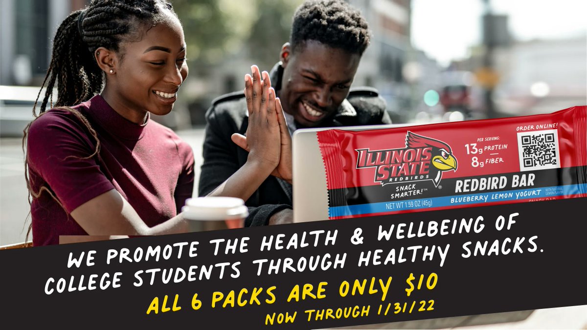 We promote the health &amp; wellbeing of college students through healthy snacks. Now through Jan. 31, 2022, all 6 packs are ONLY $10 at RedbirdBar.com. #redbirdbar #snacksmarter #illinoisstate