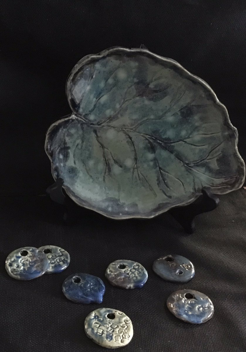 Three WAVE Artists and all fun #Pottery, a bowl by Alan Lacovetsky, a covered sugar keeper by Dawn Mills, and Suzanne Barrow’s leaf tray and the start of her West Coast Barnacle Pendants, normally a painter on the #WAVE is adding some clay in between &amp; just having a blast