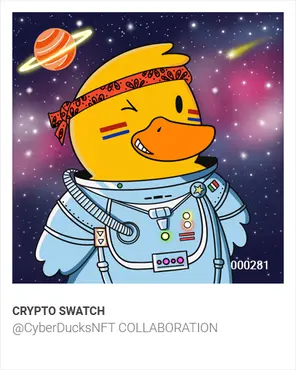 FromNullToZero's tweet photo. FREE NFT by @cryptoswatches 

The Crypto Swatches have a new drop with @CyberDucksNFT 
https://t.co/hUEjcBPHIK

Drop: https://t.co/cIMKxVrW8B

We draw 4 NFTs (279+280) in 72 hours, to enter:

- like &amp; retweet
- follow @cryptoswatches &amp; @CyberDucksNFT &amp; @FromNullToZero 
- tag one https://t.co/XeFCm70kzR