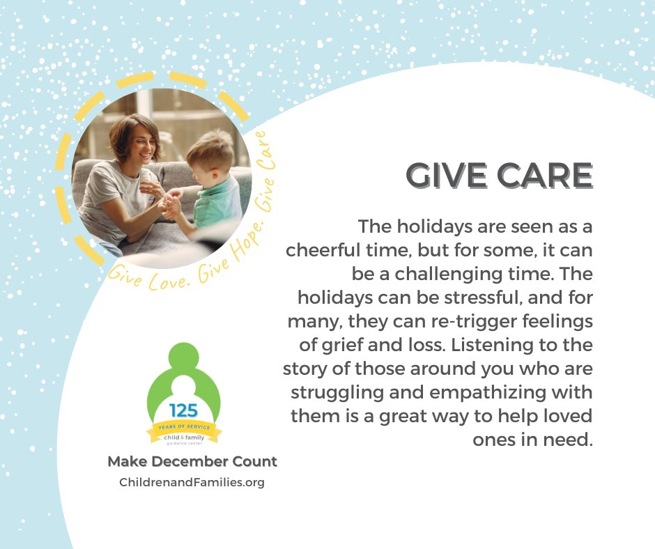 ChildandFamily_'s tweet image. Those struggling with mental illness often feel vulnerable and unaccepted. When confronted with assumptions and judgement, they can be more inclined to pull away. How will you GIVE CARE during the holidays? #MakeDecemberCount

214.351.3490
Childrenandfamilies.org