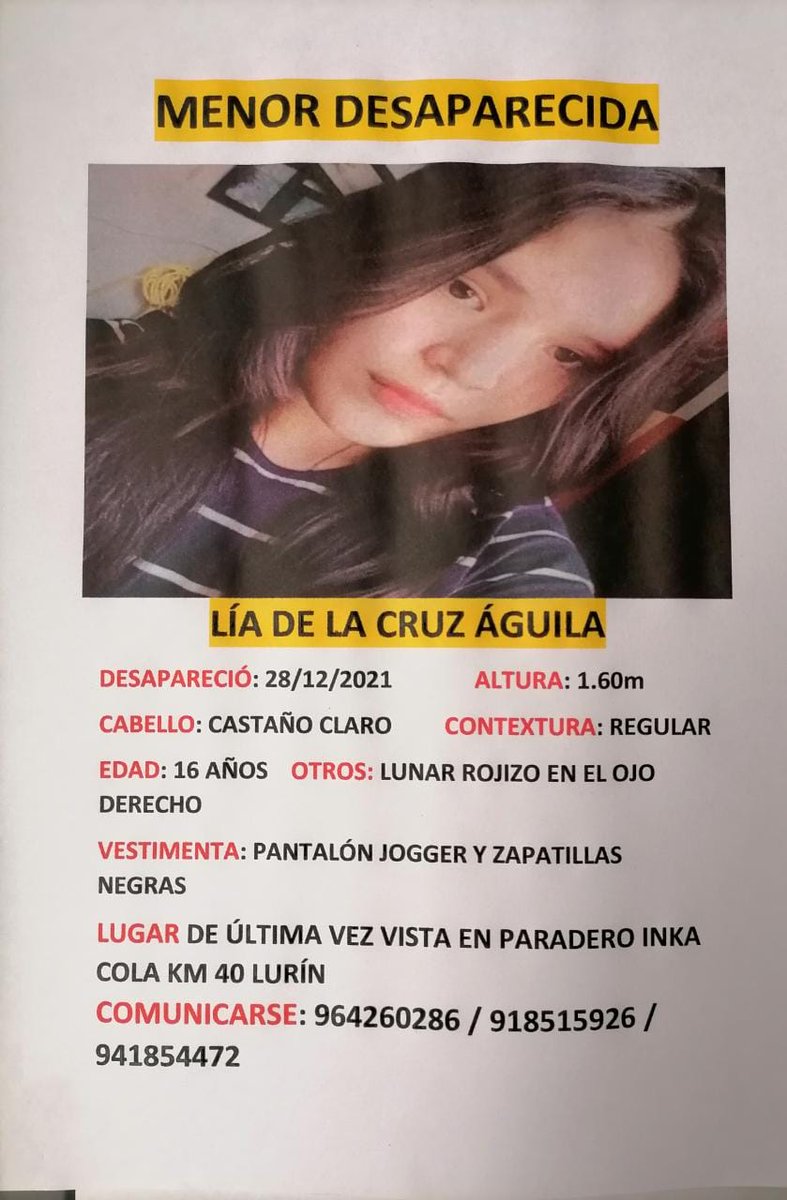 KarlozBlanch's tweet photo. El día martes 28/12/2021 a desaparecido Lia de la Cruz de 16 años por la zona del km40 lurin paradero inka cola
Cualquier información al 964260286 #desaparecido #chicadesaparecida #Liadesaparecida #rotafono #PoliciaNacional https://t.co/YxhWZLcC3H