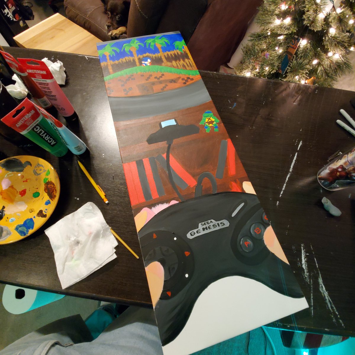 JBauerart's tweet photo. It's gettin there! What #sega games should be on the shelf? Need to add something to the left of the console. Thoughts?

This is for the Video Game Art Show over at @deviantwolfe

#JBauerart #wip #painting #create #videogameart #videogames #sonicthehedgehog #deviantwolfebrewing https://t.co/Vt0bwQPAYF