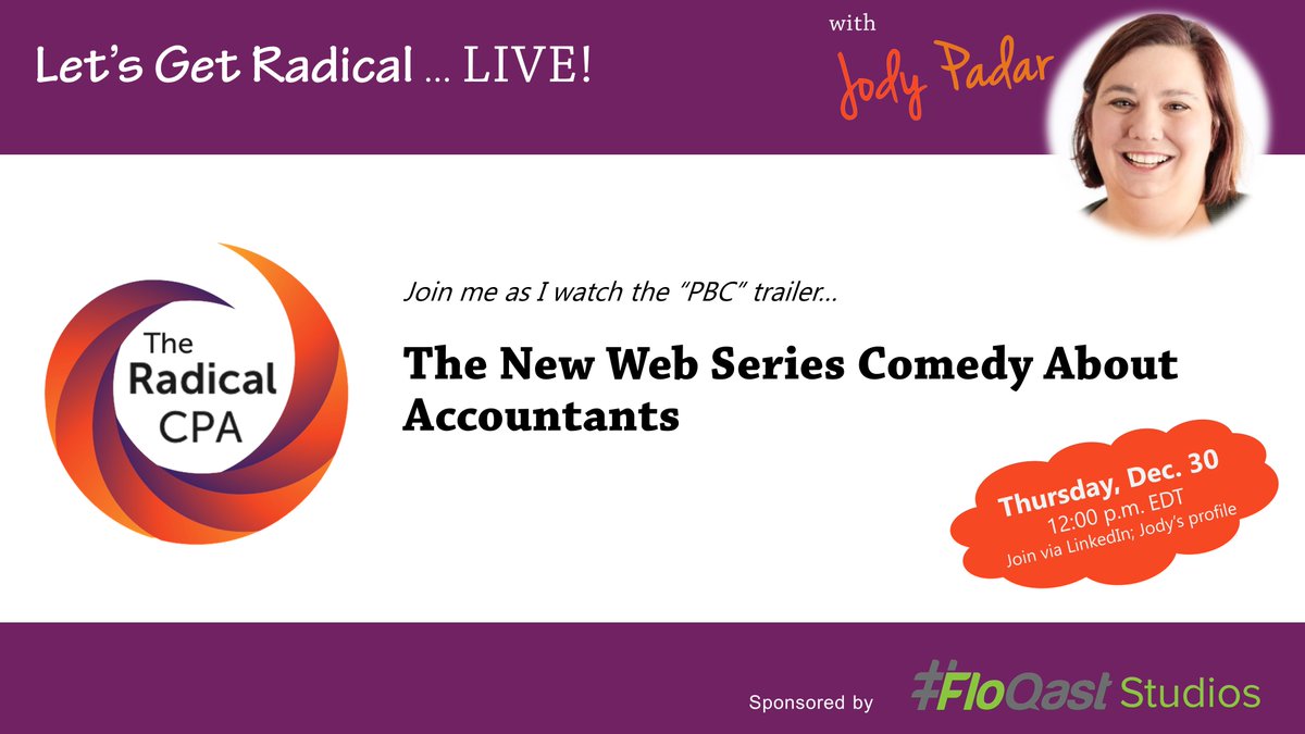 JodyPadarCPA's tweet photo. Hopefully by now you’ve heard about #PBCSeries, the new show by @FloQastStudios. A series about #accountants is well overdue. Join me today for a special episode of #letsgetradical LIVE!: a watch party!
#Sponsored #FloQast #accountingandaccountants #webseries #comingsoon https://t.co/CIGkw7jOBt