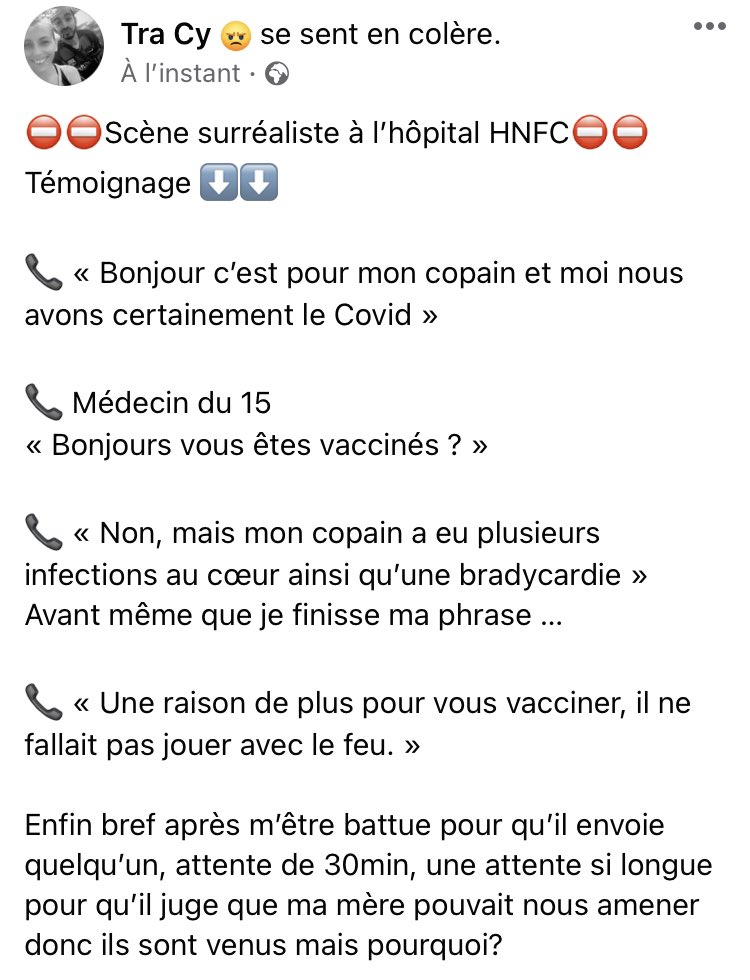 Tracy19M's tweet photo. Témoignage d’un couple ayant voulu être soigner à l’hôpital de #Trévenans #HNFC 

Mais sous peine de ne pas être #vacciner ils ont été renvoyer chez eux avec du Doliprane …. 

J’appelle cela de la non assistance à personne en danger ! 

Un médecin doit soigner tout le monde.! https://t.co/8WRo7N78RS