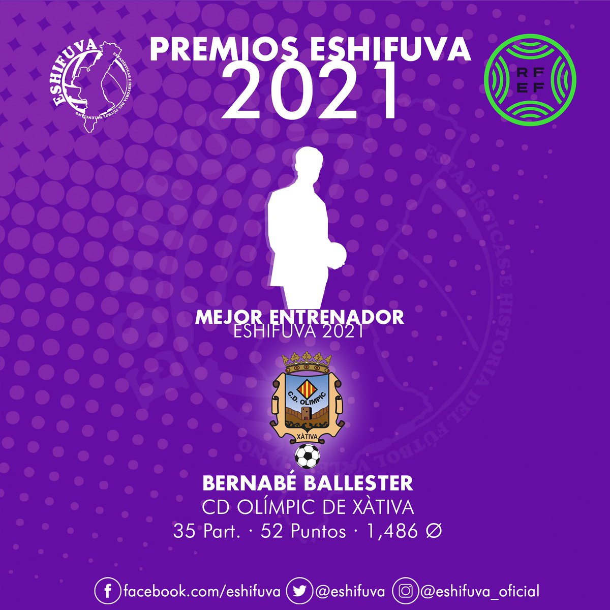 ESHIFUVA's tweet photo. 🏆 PREMIOS ESHIFUVA 2021 🏆
🎖Mejor entrenador del año Tercera🎖
⚽️ Bernabé Ballester ⚽️
@CD_Olimpic https://t.co/jeQgIPAS5W