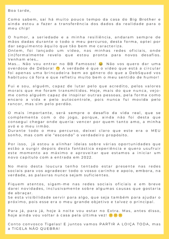 DeboraLisaNeves's tweet photo. Olá Tigelas!
A vida ensinou-me que os caminhos são feitos para serem percorridos, por isso, estou preparada para o que se avizinha.
A tigela será sempre nossa!🥣❤️
#teamtigela #debsquad #bbtvi https://t.co/3Tge400uuZ
