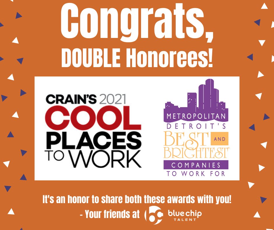 bluechiptalent's tweet photo. Special shoutout to these fellow @crainsdetroit Cool Places to Work and @101Best DOUBLE winners: @MichiganFirstCU, Morrey's Contracting, and @NFP! Well done! #coolplacestowork #THEBB https://t.co/ZieVb5AO8S