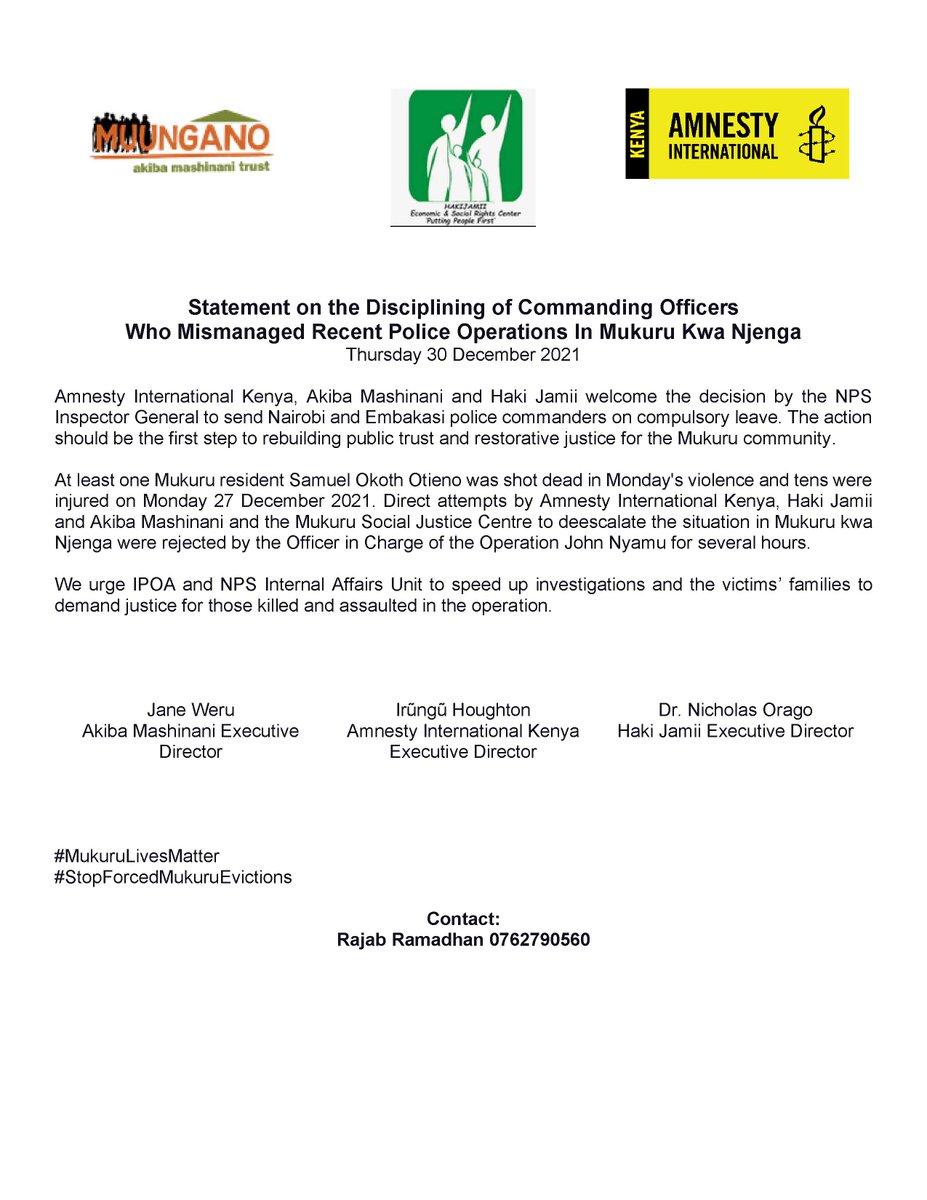 AmnestyKenya's tweet photo. 1/4 Statement by @amnestykenya @hakijamii #AkibaMashinani on the @IG_NPS disciplining of Commanding Officers Who Mismanaged Recent Police Operations in Mukuru Kwa Njenga on 27 December
#MukuruLivesMatter
#StopForcedMukuruEvictions https://t.co/Pbt1RYI5wg