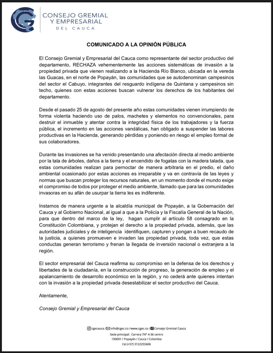 Comunicado a la opinión pública rechazando las invasiones a la propiedad privada que se vienen suscitando en nuestro departamento.