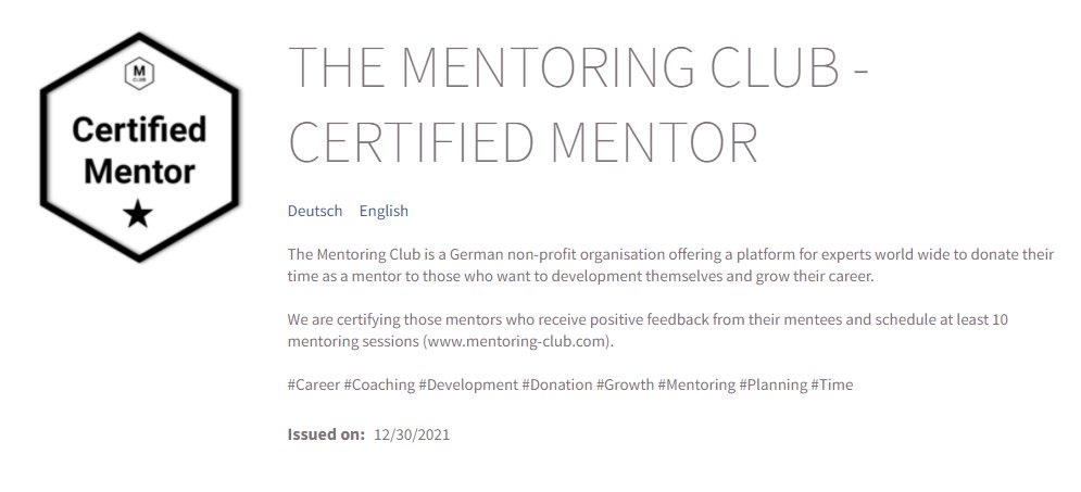 Last year I had the honor to become one of the first mentor joining this amazing non-profit initiative <a href="/ClubMentoring/">The Mentoring Club</a>. Today I got officially certified by them. #Proud 
Link to official certification:openbadgefactory.com/v1/assertion/7…

#MentoringClub #Mentor #Mentorship