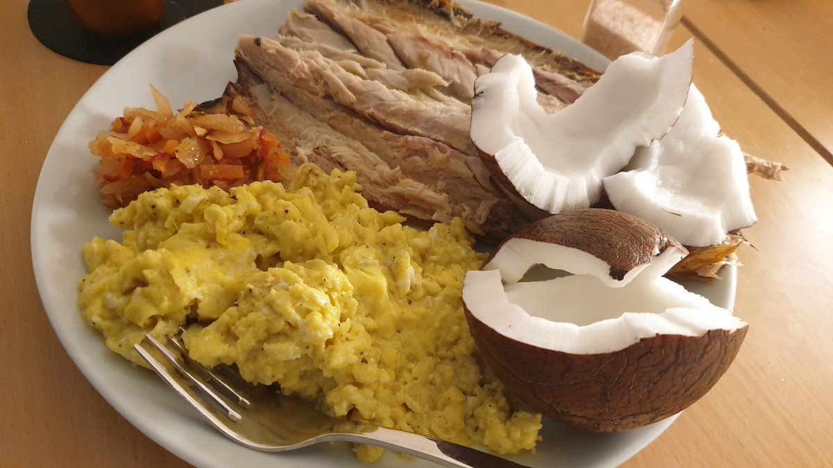 I had the most random lunch ever

A whole smoked mackerel, an entire coconut, scrambled eggs, and kimchi ???